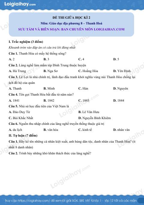 Đề thi giữa kì 2 GDĐP 8 Thanh Hoá - loigiaihay.com